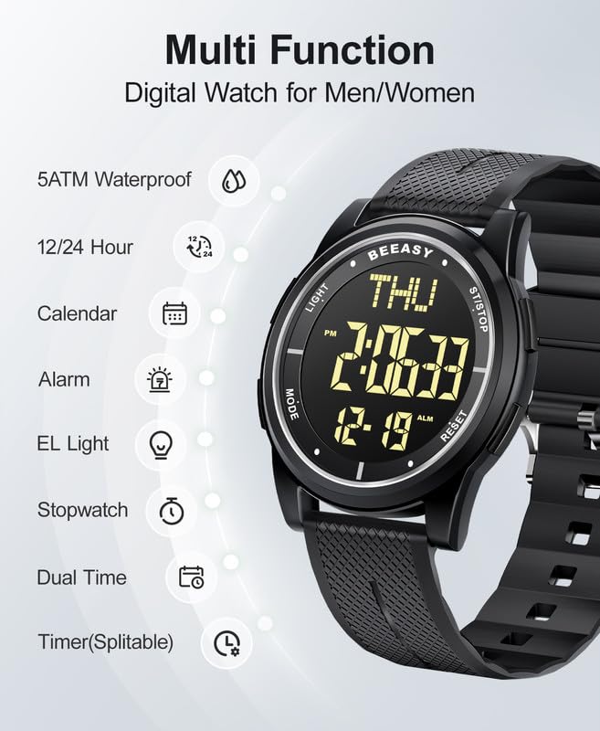 beeasy digital watch waterproof with stopwatch alarm countdown dual time ultra-thin super wide-angle display digital wrist watches for men women