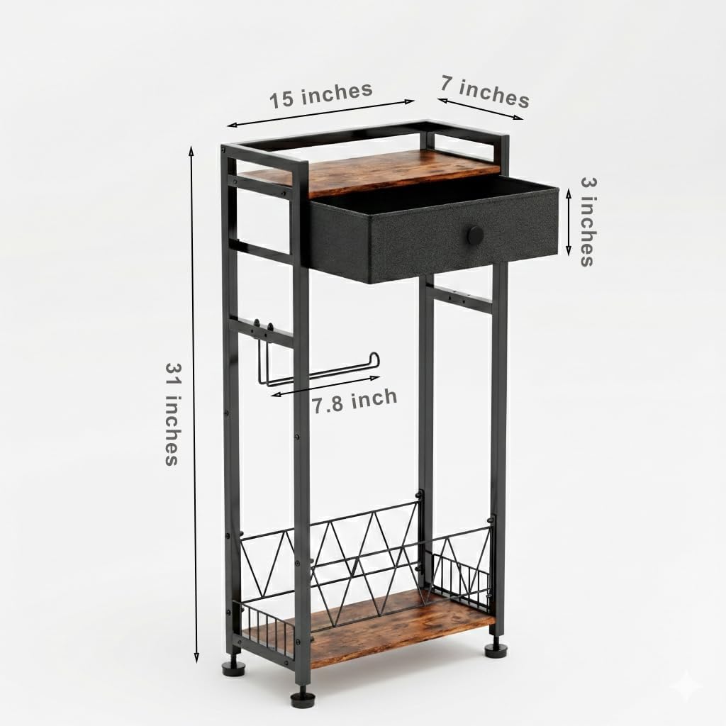 Freestanding Toilet Paper Holder Stand with Storage Drawer, Narrow Bathroom Shelf, Spare Roll Basket, 4-Way Install Paper Arm, Space-Saving Rack for Apartments & RVs (Brown)