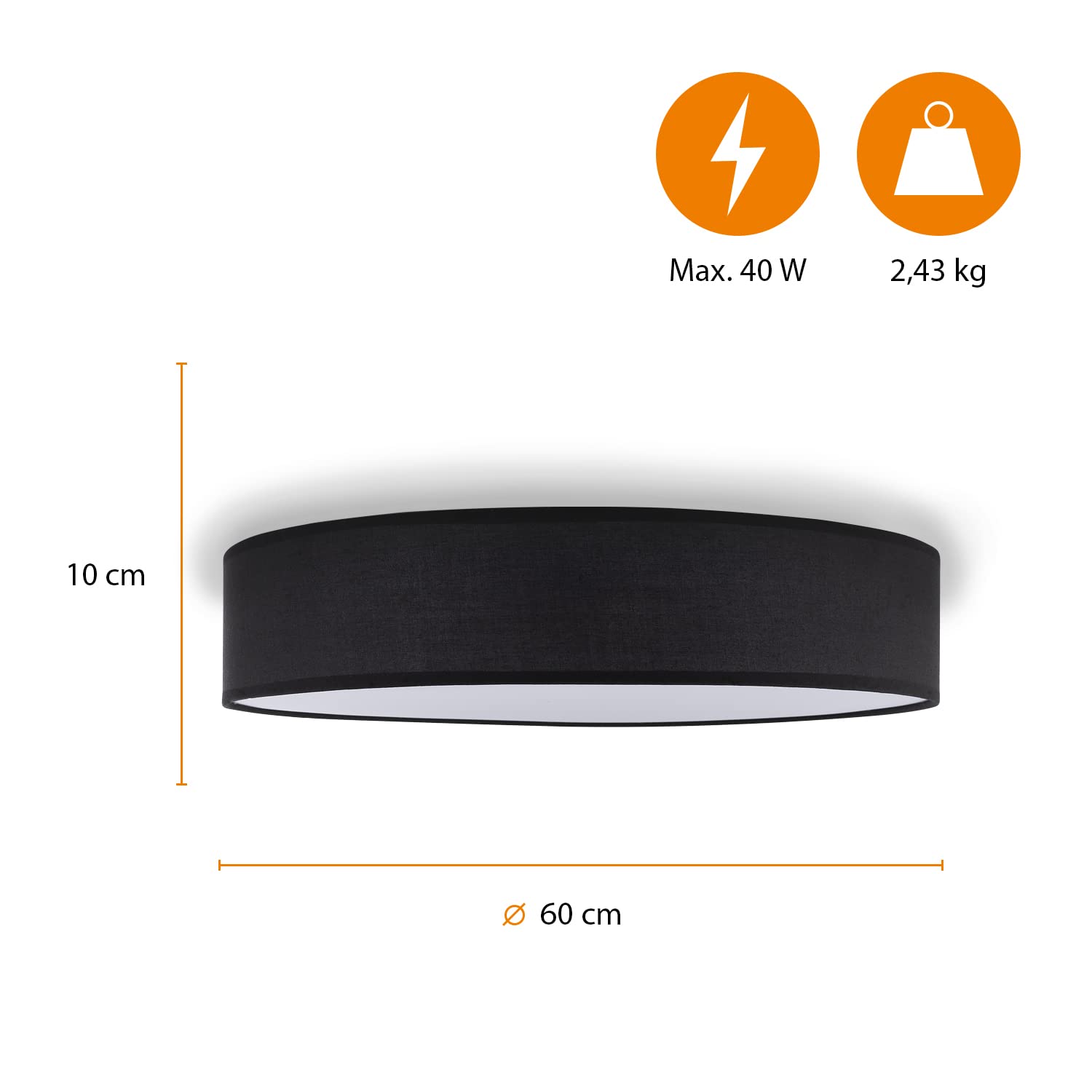 Smartwares Deckenleuchte – Textilschirm – 60 cm Ø – 4x E27 – Max. 18 W – Für LED geeignet – Schwarz – IDE-60047