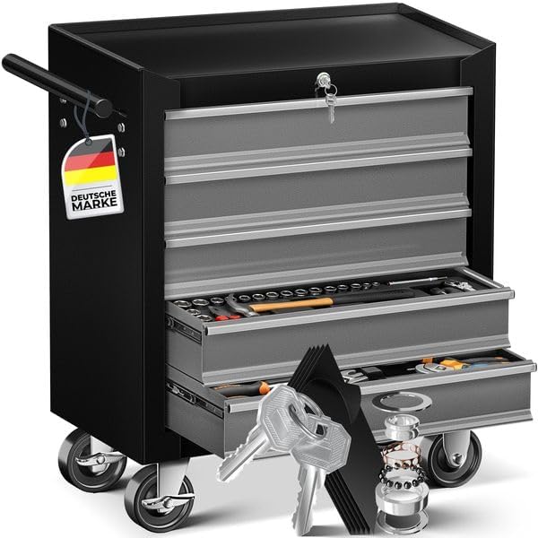 MASKO® Workshop Trolley – 5 Drawers, Lockable | Solid Metal | Mob...