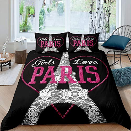 Erosebridal Kids Eiffel Tower Comforter Cover Queen Size Pink Love Heart Bedding Set Paris City Building Duvet Cover For Boys Girls Children Teens France Urban Bedspread Cover For Living Room #TOP5