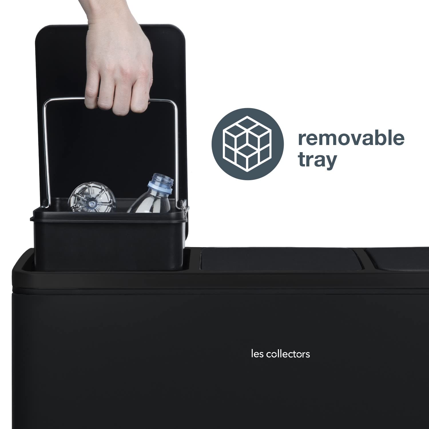 Les Collectors N°988, Papelera de Reciclaje o Basura, 3 contenedores Capacidad 54 L 3x18litros, Acero Inoxidable, Pedal en Acero, Antideslizante, Negro, Acabado Mate