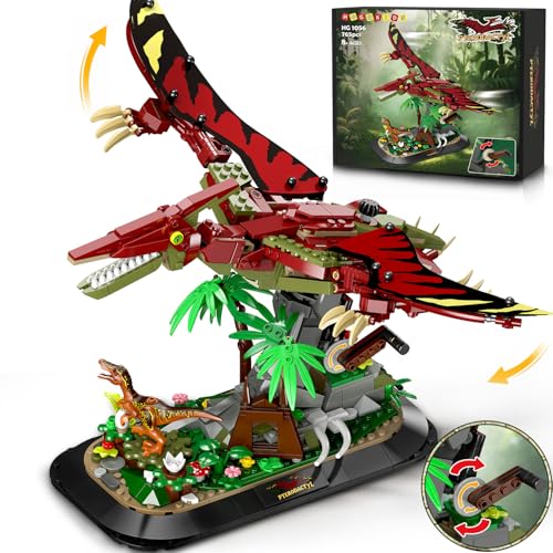 HOGOKIDS Technik Dinosaure Kit de construction avec ailes mobiles, 765 pièces modèle ptérotactyle avec support d'affichage jungle, jouet interactif, cadeau pour adultes, enfants, garçons à partir de 8