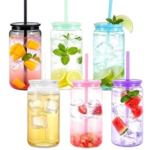 500ml Plastic Cups with Lids and Straws, Reusable Iced Coffee Cups, BPA Free for Smoothies, Hot/Cold Drinks, Cola, Juice, Soda, 6 Pack (6, Candy)