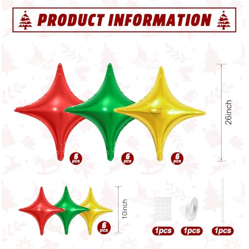 Image of Red Green Gold Star Balloons,12Pcs Four Angle Star Foil Balloons
