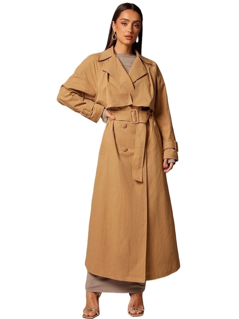 Womens 2025 Fashion Fall Trench Coat Elegant Solid Color Double Breasted Long Sleeved Trench Coat