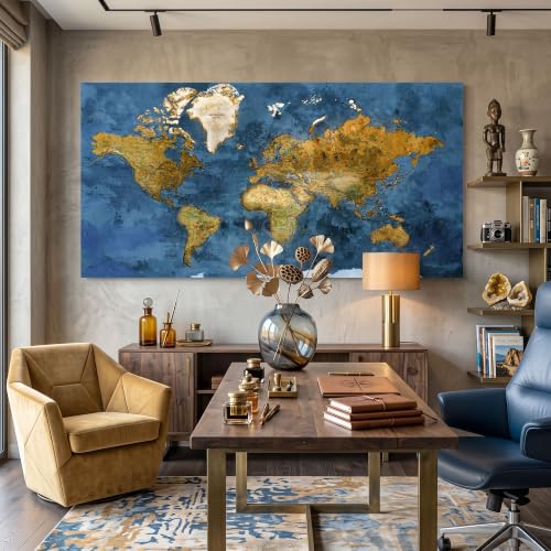 Image of World Map Wall Art for Living Room - Large Blue World Maps for Wall Decor, Framed Canvas Map Wall Art, Modern Abstract Office Wall Art, Artwork for Walls 29x58IN