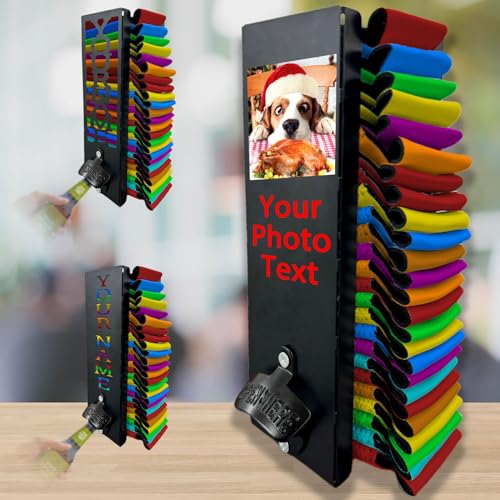 WBgjsnklbnl Custom Can Cooler Holder with Bottle Opener Personalized Beer Bottle Sleeves Dispenser Metal Holder Print Photo Text Wall Mounted for Birthday Party Wedding Gifts