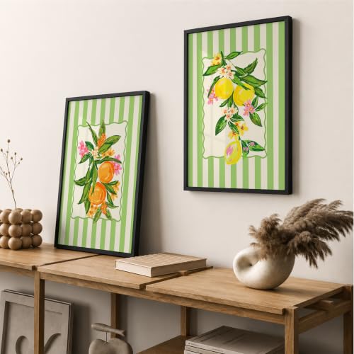 Image of Suneree Botanical Fruit Wall Art Set of 2 Framed Paintings | Lemon Orange Illustration Green Striped Poster | Kitchen Dining Room Home Decor (Art 12, 10x13 Inches, Black)