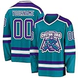 Custom Name Team Name Number Teal Purple-White Hockey Jersey, Personalized Team V-Neck Sports Hockey Jersey for Men Women Youth