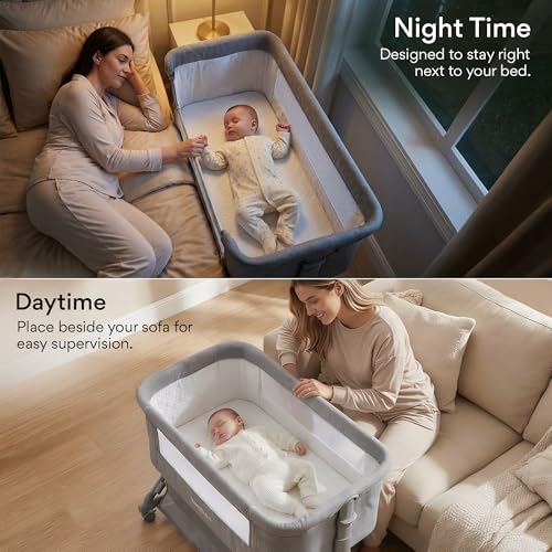 Image of BAYBEE Premium Bedside Crib for Baby with Rocking | Bassinet for New Born with 4 Height Adjustable & Recline | Baby Cot with Mosquito Net & Storage Box | Bedside Cribs & Cots for 0 to 2 Years (Grey)