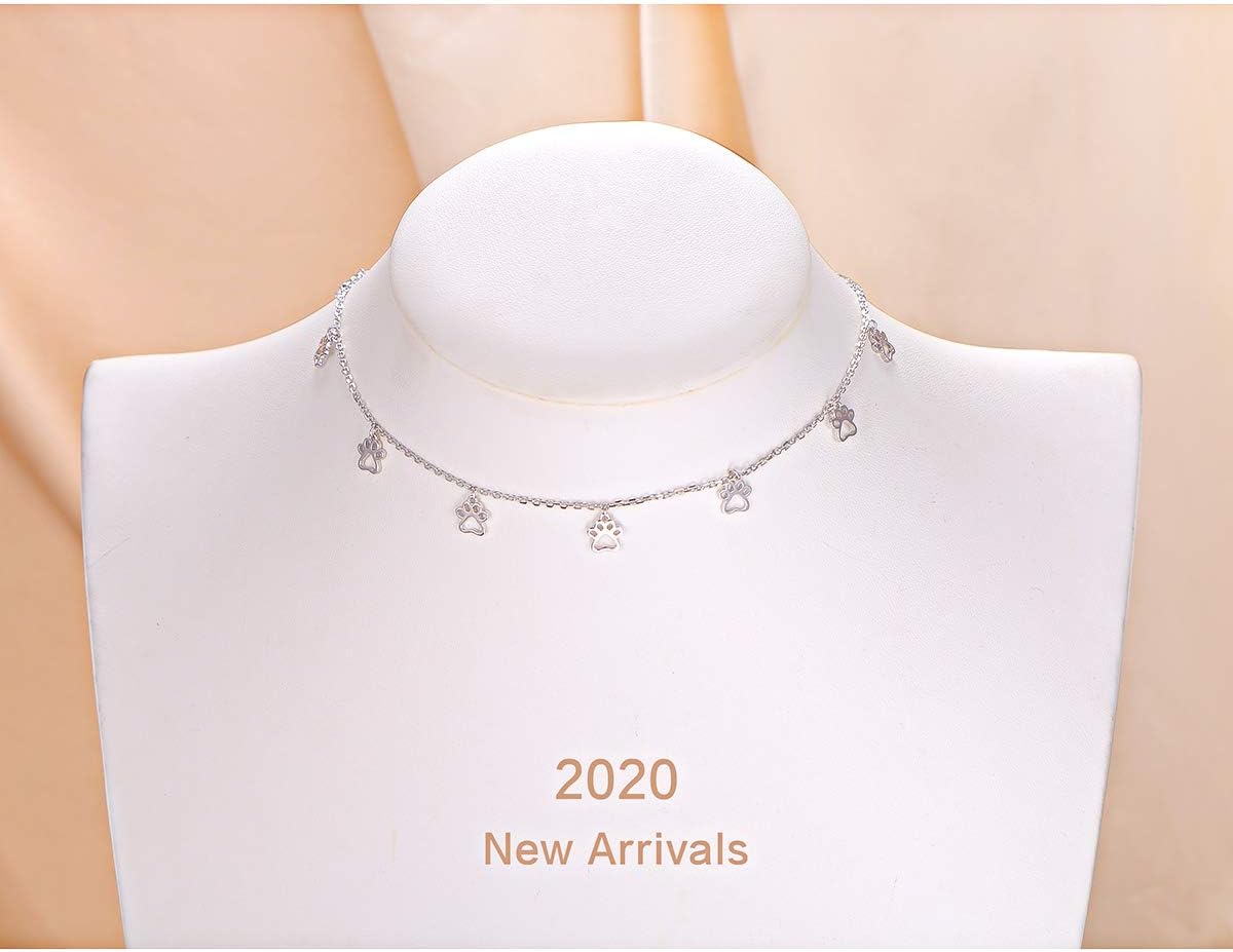 S925 Sterling Silver Puppy Dog Cat Pet Paw Print Choker Disc Chain Statement Pendant Necklace Jewelry for Women 13+3 inches