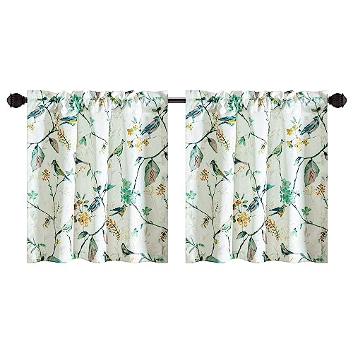 Leeva Kitchen Curtains 24 Inch Length Set, Green Bird Light