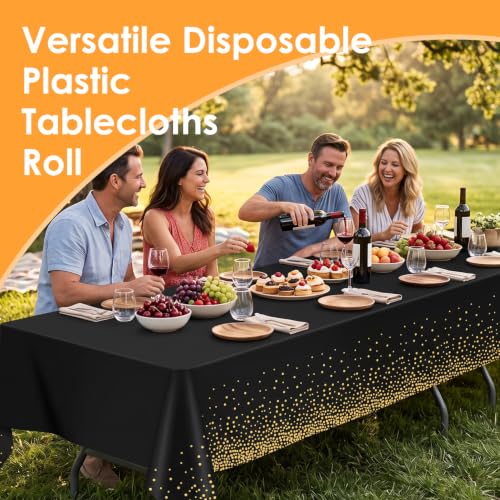 Image of tujol Black and Gold Disposable Plastic Table Cloth Roll 54 inch X 100'