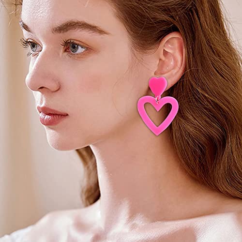 2025 Summer Hot Pink Love Heart Earrings for Women Y2K Double Heart Red Dangle Earrings Lightweight Acrylic Earrings Jewelry for Valentines Wife Mom Girlfriend Her2