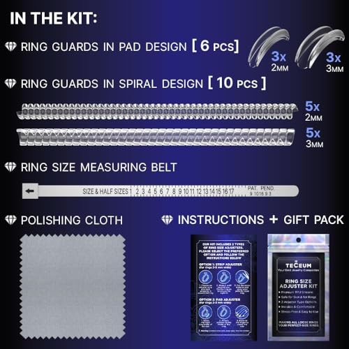 TECEUM Ring Size Adjuster Kit for Loose Rings – Set of 10 Spiral & 6 Pad Ring Guards – Unisex Ring Tightener for Types Wide Women\'s Rings – Invisible Spacers with Microfiber Cloth