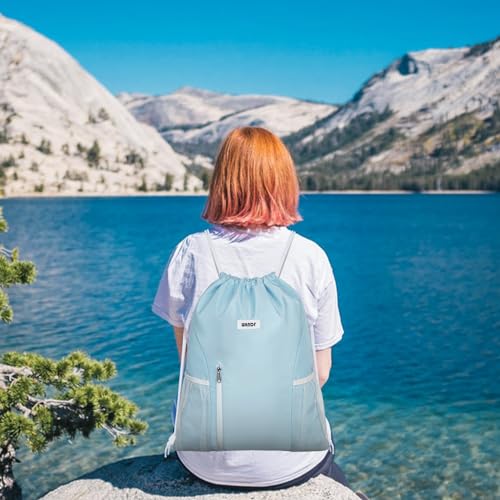 Image of WANDF Drawstring Backpack Sports Gym Sackpack with Mesh Pockets Water Resistant String Bag for Women Men(Light Blue)