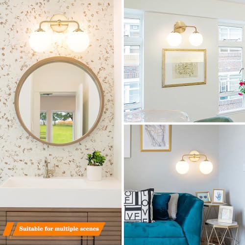 Image of Modern Gold 2-Lights Bathroom Light Fixtures, Brass Vanity Light with Milky White Globe Glass Shade, Elegant Vanity Light Fixtures over Mirror, Wall Sconce Light for Bathroom, Mirror, Dressing Table
