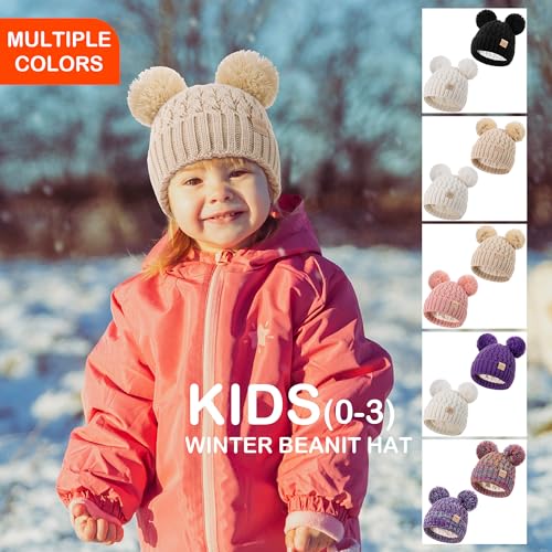 XOMZG Toddler Winter Beanie Hat, Infant Winter Warm Knit Fleece Lined Cap for Girls Boys with Pom Pom for 0-36 Months 2 Packs