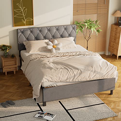 Shahoo Classic Platform Bed Frame With Headboard And Footboard, Steel Support Slats, No Box Spring Needed, Large Storage Space At The Bottom, Easy Assembly, Fabric, Gray, Full #TOP8