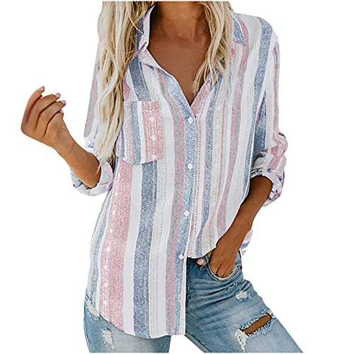 2023 Camisa de Manga Larga Mujer Moda Raya Impresión Blusa Cuello en V Suelto Camiseta Tops Fiesta Casual Botones T-Shirt Original otoño Primavera tee Cómodo Jersey Suéter Oficina Negocio