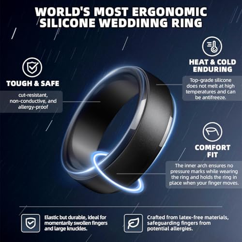 Image of Egnaro Men's Silicone Wedding Rings: Classic Black Step Edge Rubber band 10mm Wide 2.5mm Thick- Hypoallergenic for Gym /Outdoor /Gift(1 /4 /7 Variety Pack with Half Size)