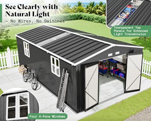 VanAcc 12x20x7.2 FT Outdoor Storage Shed with 2 Transparent Panels, Metal Garden Shed with Hinged Double Doors, Windows & Vents, Reinforced Steel Frame for Backyard Garden, DIY Workshop, Dark Gray - Image 4