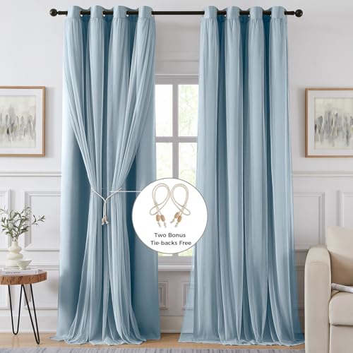 Image of 100% Blackout Curtains for Bedroom, Double Layer Blue Curtains, Black Out Curtain 108 inch Long with Sheer Overlay for Living Room, Room Darkening Window Drapes with Grommet, 52 inch W x 108 inch L