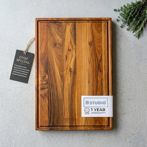 Image of Edge Grain Wood Chopping Board | Teakwood Cutting Board with Non-Slip Rubber feet | Vegetables, Meat, Cheese Cutting | Food Grade Finish with Mineral Oil and Beeswax | 1 Year Warranty