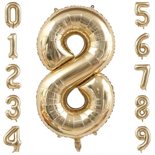 Image of Champagne Gold 8 Balloon Number,40 Inch Light Gold 8 Balloons Big Foil Mylar Helium Number 8 Balloon for Birthday Party Anniversary Decorations