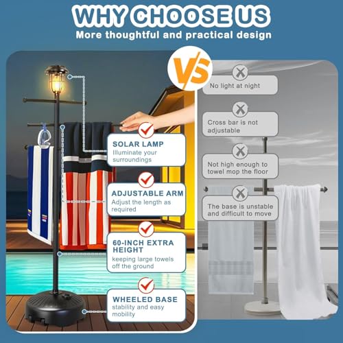 160 cm Solar Light Pool Towel Rail Outdoor for Outdoor Use, Towel Rail Standing with Wheels, 6 Adjustable Bars Accessories, Towel Holder for Pool, Hot Tub - Image 5