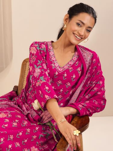 Image of Libas Pink Printed Cotton A Line Kurta set for Women | daily wear suit