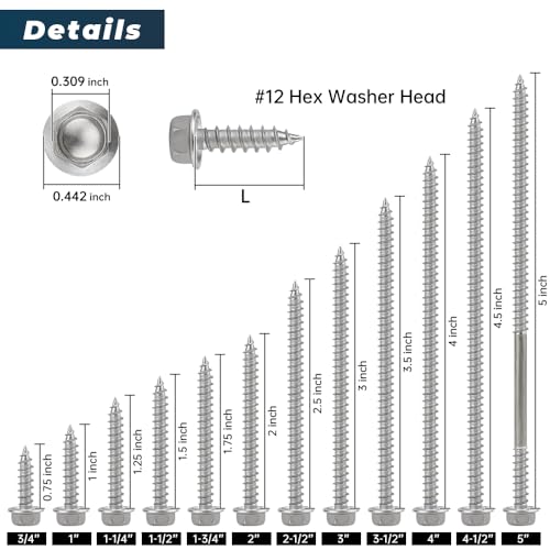 #12 x 2-1/2" Tornillos de cabeza hexagonal con brida para madera de tablero de fibra, acero inoxidable grado 410, resistente al óxido, paquete de 25, incluye punta hexagonal miniatura 3