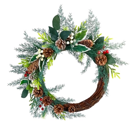 Couronne artificielle pour décoration intérieure et extérieure - Couronne de Noël avec pommes de pin - Pour porte d'entrée, couloir, porche