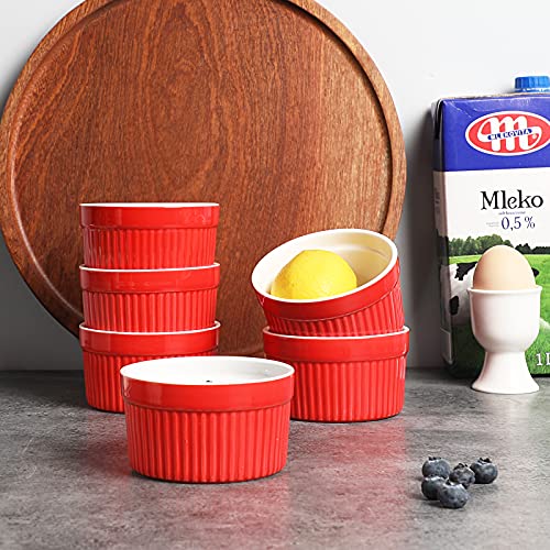 ONTUBE Ramekins - Porcelain Ramekins for Creme Brulee Dishes,Dipping Sauces,Baking Pudding Cups, Souffle Bowl,Oven Safe, Set of 6 (6OZ, Red)
