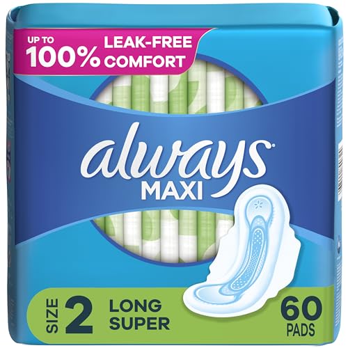 Always Maxi Feminine Pads For Women, Size 2 Long Super Absorbency, With Wings, Unscented, 60 Count