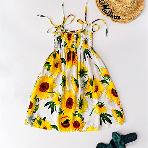 Girls Sunflower Summer Dress Bohemian Floral Sleeveless Sundress | Casual Beach Strap Dresses with Necklace Outfit3