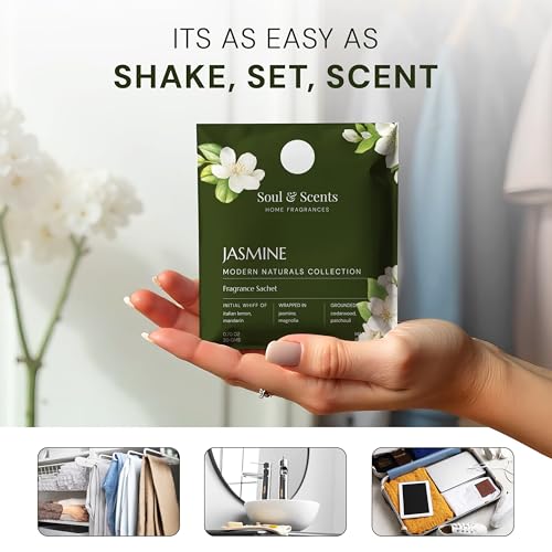 Image of Soul & Scents Jasmine Serenity Fragrance Sachet | Essence of Orris and Patchouli | Versatile Air Freshener for Car, Wardrobe, Kitchen, and Travel Bag | Pack of 3-20gm Each