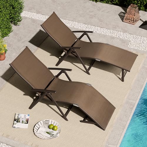 2PCS Outdoor Chaise Lounge Patio Adjustable Folding Lounge Chair Recliner with 8 Adjustable Backrest Positions for Pool Beach Yard Brown Textliene and Brown Aluminum Frame