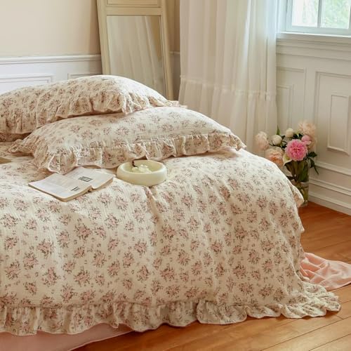 Image of BuLuTu Vintage Floral Queen Duvet Cover Cotton Muslin Comforter Cover with Ruffles, Soft Lightweight Gauze Bedding Quilt Cover 90"x90", No Pillow Case, Zipper & Corner Ties, Machine Wash
