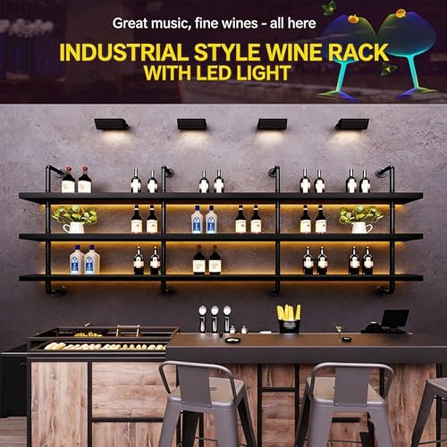 VITNSVILE Wall Mounted Wine Rack with LED Light - 3-Tier Solid Wood Industrial Rustic Floating Shelves, Bottle Storage Organizer for Kitchen, Bar, Pub, Cellar, Home Bar (Black, 3-140cm/55.1in) by VITNSVILE - Image 4