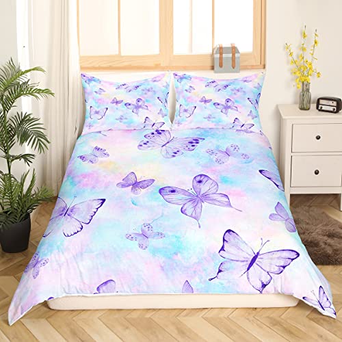 Butterflies Duvet Cover Full,Watercolor Purple Butterfly Print Comforter Cover Rainbow Tie Dye Pastel Bedding Set For Girls Women Kids Teens,Colorful Aesthetic Lightweight Quilt Cover For All Season #TOP7