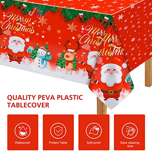 Plulon 2Pcs Christmas Tablecloth Plastic Snowflake Tablecloths Rectangle Red Xmas Table Cloth Santa Snowman Elk Table Cover For Christmas Holiday Birthday Party Dinner Table Decorations, 137×274 Cm #TOP2