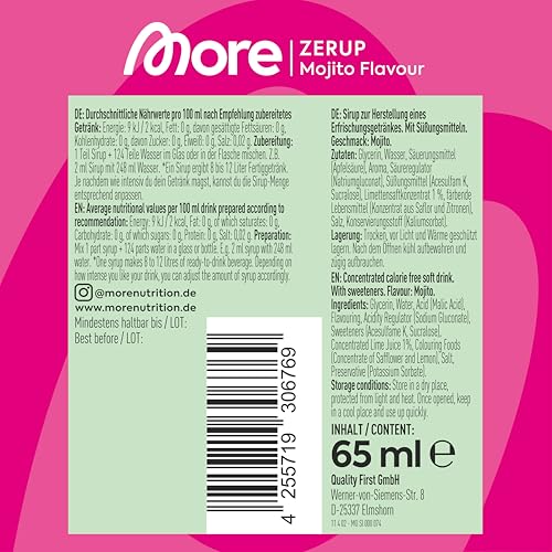 MORE Zerup, Mojito, 65 ml, für bis zu 8 l Fertiggetränk, zuckerfreier Sirup mit u.a. echten Fruchtextrakten, vegan, zero Kalorien - made in Germany