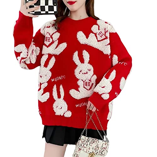 STRTT Damen Pullover Langer Weihnachtspullover Gestrickter Pullover Orientalische Kostüme in Tierkreisform Für Das Neue Jahr Pullover Aus Jacquard-Plüsch Festliche Atmosphäre,A Cover