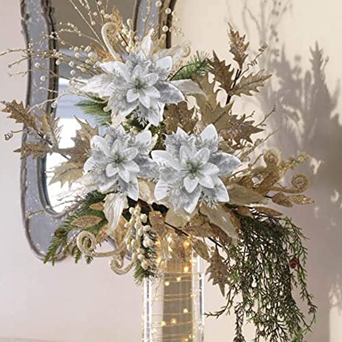 12Pcs Glittery Silver Poinsettia Christmas Poinsettia Flowers Artificial Christmas Flowers With Clips And Stems For Xmas New Year Wedding Party Wreath Stairs Window Garland Fireplace Decor (Silver) #TOP4