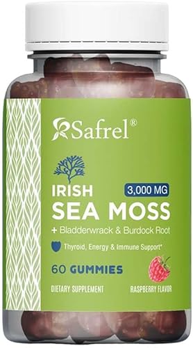 Safrel Gomitas de musgo marino irlandés de 3000 mg - 60 gomitas veganas - con vejiga y raíz de bardana - Suplemento de tiroides, energía y apoyo