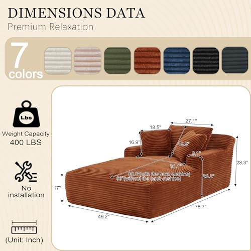 Image of 80 Inch Chaise Lounge Chair Indoor, Oversized Corduroy Upholstered Boneless Sofa Bed, Deep Seat Sleeper Couch Reading Chairs, Cloud Sofas Couches for Living Room, No Assembly Required (Brown)