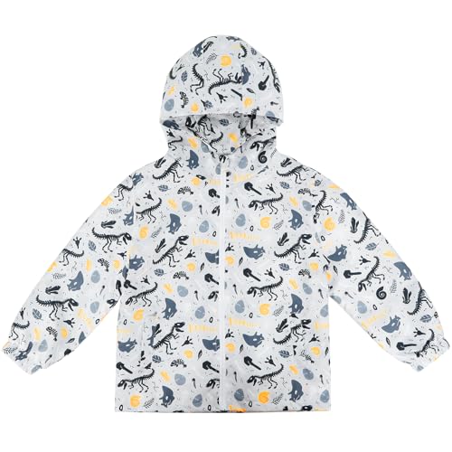 ESTAMICO Boys Windbreaker Jacket with Hood Waterproof Zipper Raincoat Kids Fashion Outwear Coat, White/Dinosaur Fossil 7-8