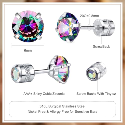 VOLUKA Titanium Earrings for Sensitive Ears, 4 Pairs Screw Back Hypoallergenic Surgical Grade Titanium Cubic Zirconia Stud Earrings for Women Men - White Colorful by VOLUKA - Used condition - Image 2